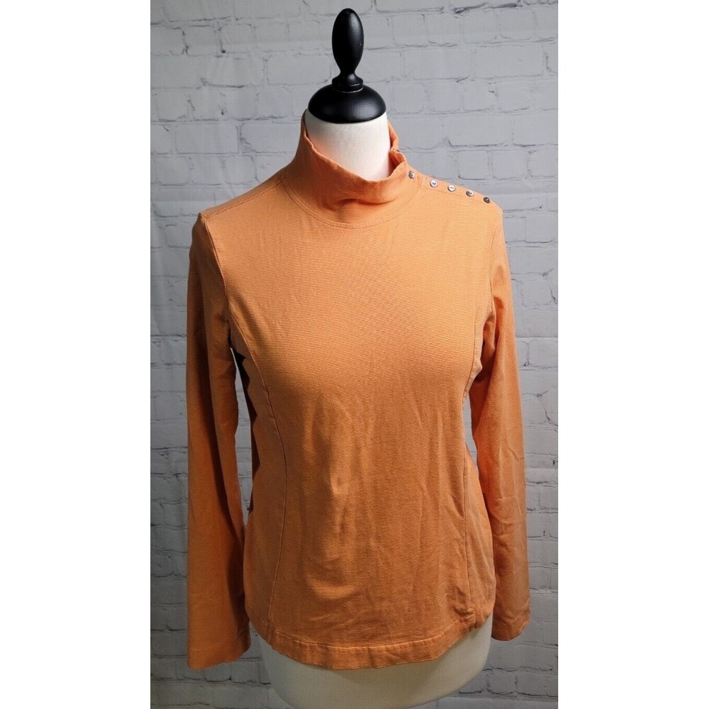 Eddie Bauer Striped Orange Mock Turtleneck Sz M Buttons Long Sleeve Top